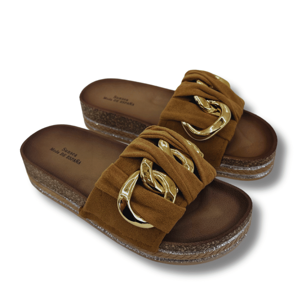 sandalias elegantes mujer con cadena de aros dorada CAMEL