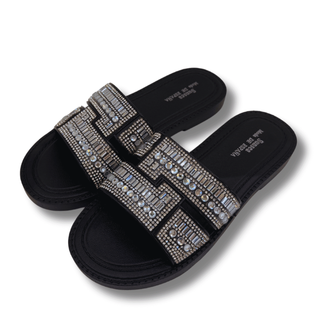 sandalias planas cristalina negro