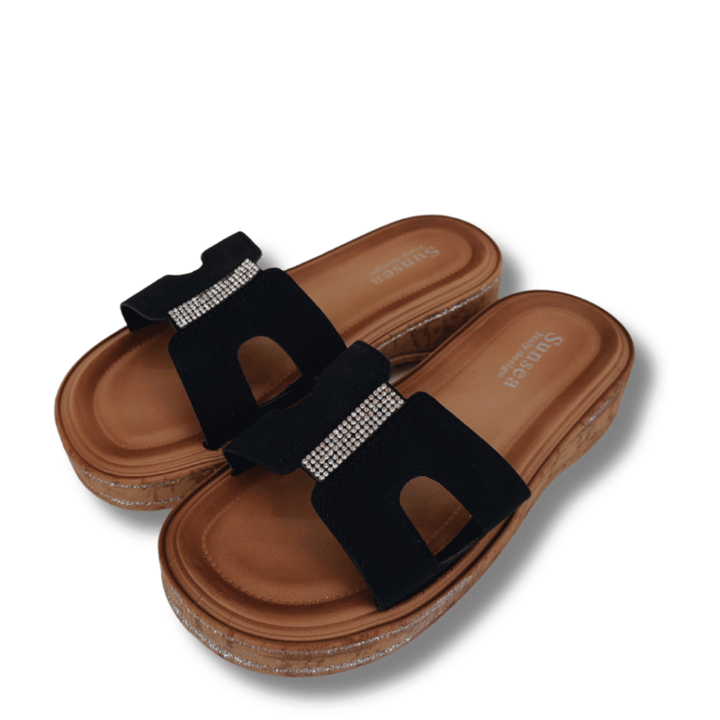 sandalias planas clásicas con diamantes mujer negro