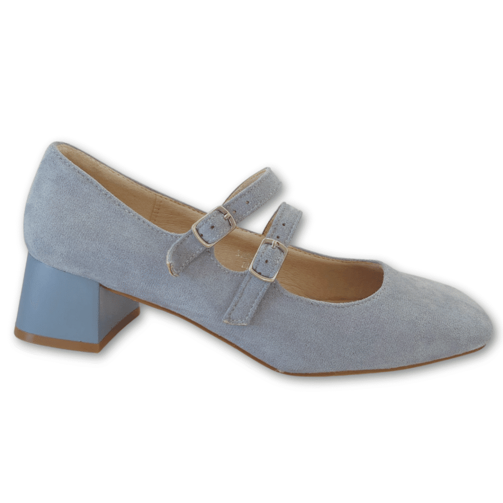 Tacones Bajos Puntera Cuadrada con Tiras en Antelina color azul